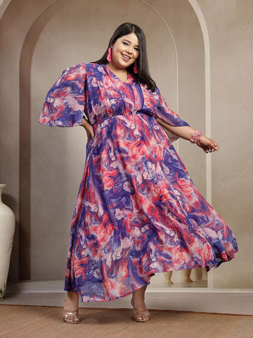 Plus Size Women Blue Abstract Smocked Dress