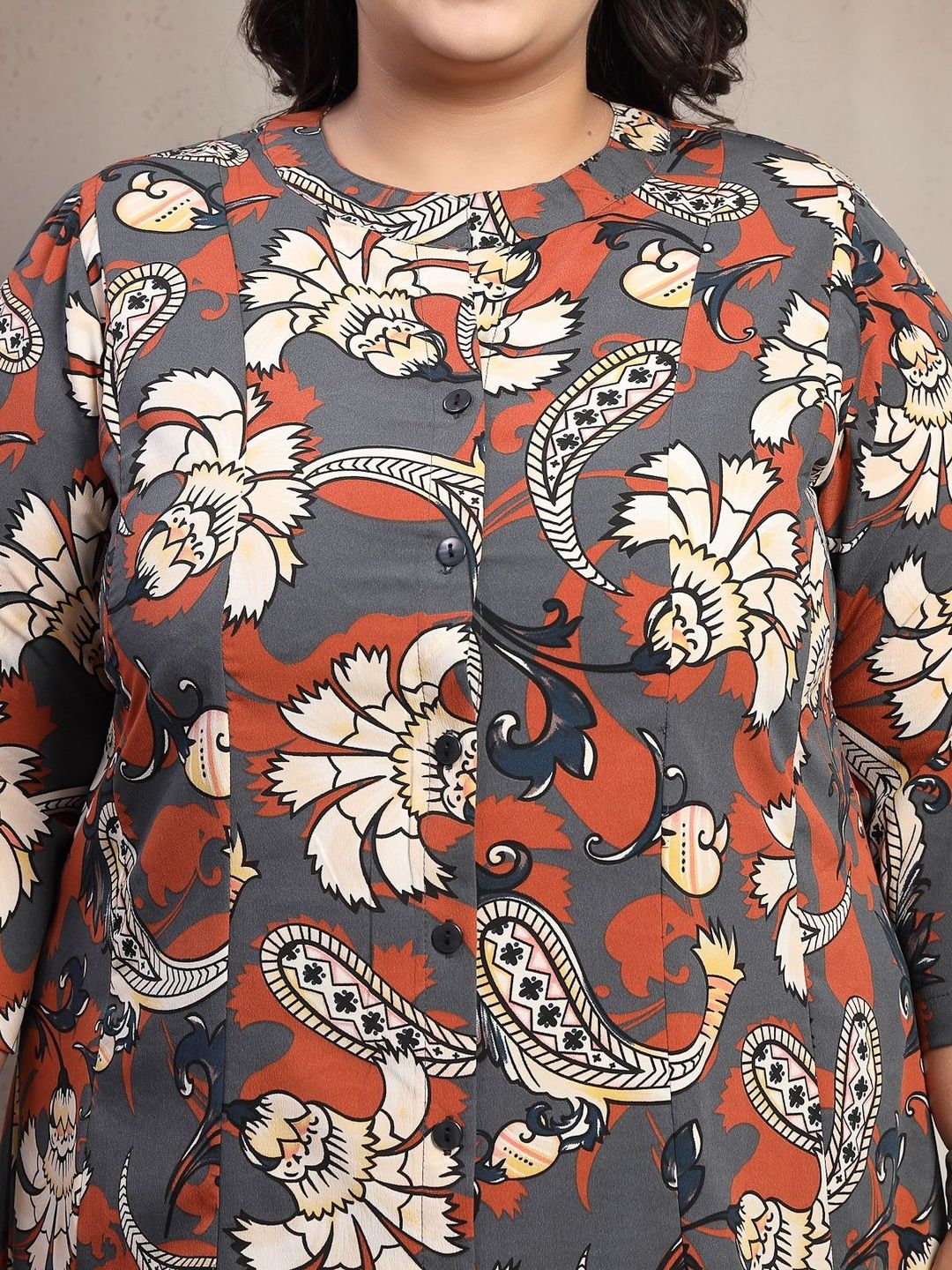 Plus Size 3/4 Sleeves Floral Print Maxi Dress