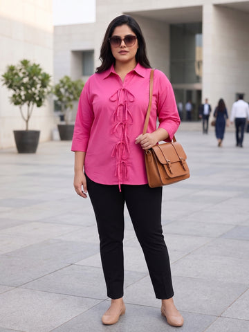 Plus Size Women's Front Tie-Up Collared 3/4th Sleeve Pure Cotton Shirt | Sizes 3XL to 8XL
