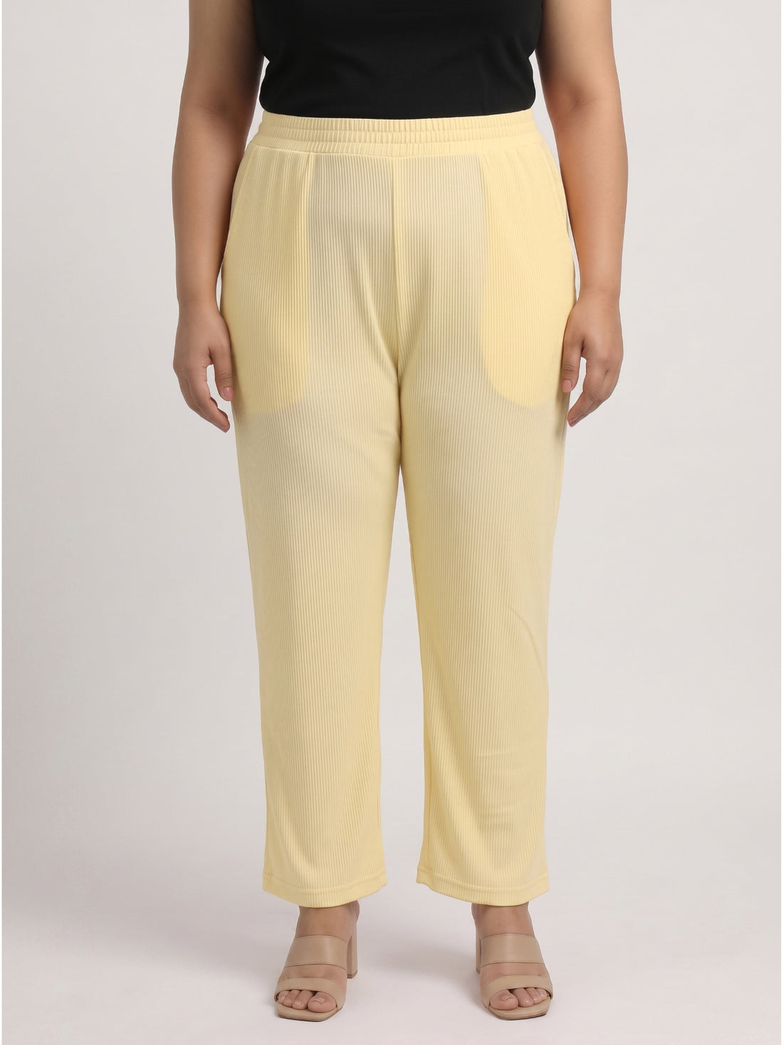 Plus Size Women's Solid Ribbed Stretch Palazzo with Elastic Waistband Nylon Elastane Fabric| Sizes 3XL-8XL