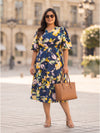 Plus Size Women's Printed A-Line Midi Flare Sleeves Dress & Soft Crepe Fabric | Sizes 3XL-8XL