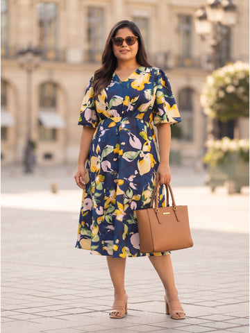 Plus Size Women's Printed A-Line Midi Flare Sleeves Dress & Soft Crepe Fabric | Sizes 3XL-8XL