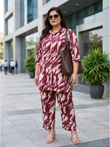 Plus Size Women’s Printed Shirt-Style Premium Crepe Fabric Co-Ords Set Sizes 3XL to 8XL