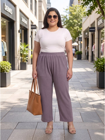 Plus Size Women's Solid Ribbed Stretch Palazzo with Elastic Waistband Nylon Elastane Fabric| Sizes 3XL-8XL