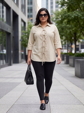 Plus Size Women's Front Tie-Up Collared 3/4th Sleeve Pure Cotton Shirt | Sizes 3XL to 8XL