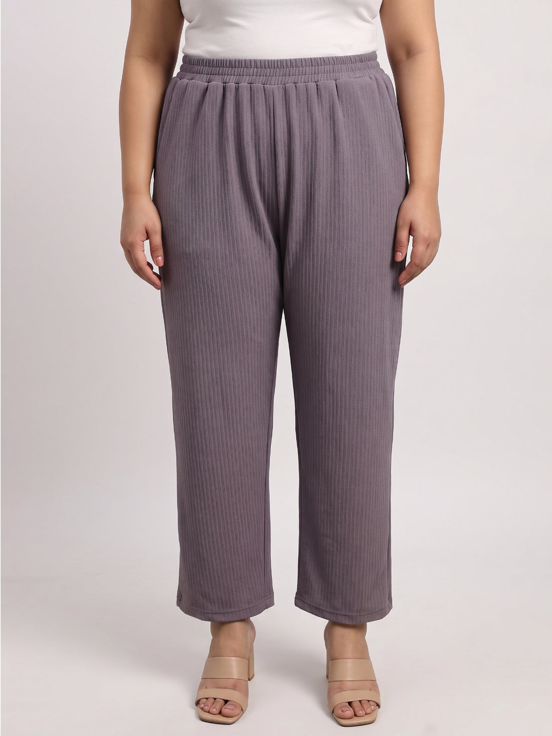 Plus Size Women's Solid Ribbed Stretch Palazzo with Elastic Waistband Nylon Elastane Fabric| Sizes 3XL-8XL