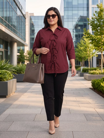 Plus Size Women's Front Tie-Up Collared 3/4th Sleeve Pure Cotton Shirt | Sizes 3XL to 8XL