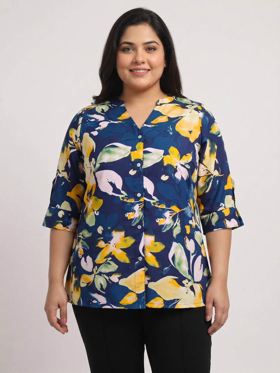 Plus Size Women's Printed V-Notch Neck Top with 3/4 Sleeves Soft Crepe Fabric |Sizes 3XL-8XL