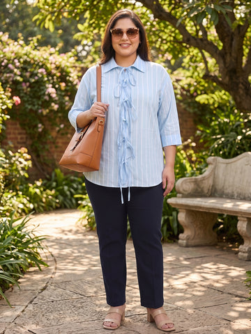 Plus Size Women's Front Tie-Up Collared 3/4th Sleeve Viscose Shirt | Sizes 3XL to 8XL