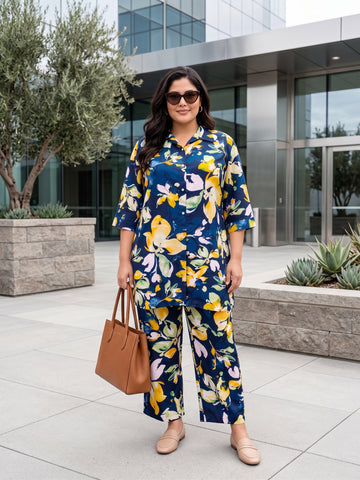 Plus Size Women’s Printed Shirt-Style Premium Crepe Fabric Co-Ords Set Sizes 3XL to 8XL