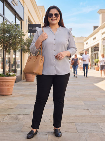 Plus Size Women's Pure Cotton Ruffle Shoulder Pearl Front Button V-Neck 3/4 Sleeve Top  Sizes 3XL-8XL