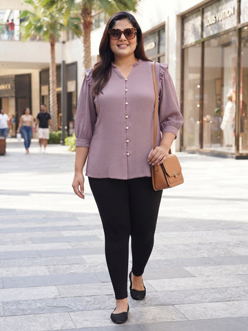 Plus Size Women's Pure Cotton Ruffle Shoulder Pearl Front Button V-Neck 3/4 Sleeve Top  Sizes 3XL-8XL