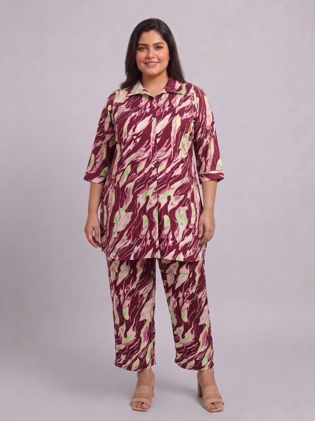 Plus Size Women’s Printed Shirt-Style Premium Crepe Fabric Co-Ords Set Sizes 3XL to 8XL