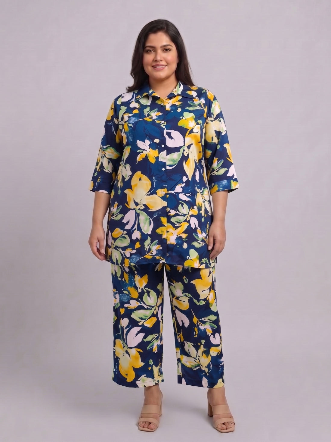 Plus Size Women’s Printed Shirt-Style Premium Crepe Fabric Co-Ords Set Sizes 3XL to 8XL