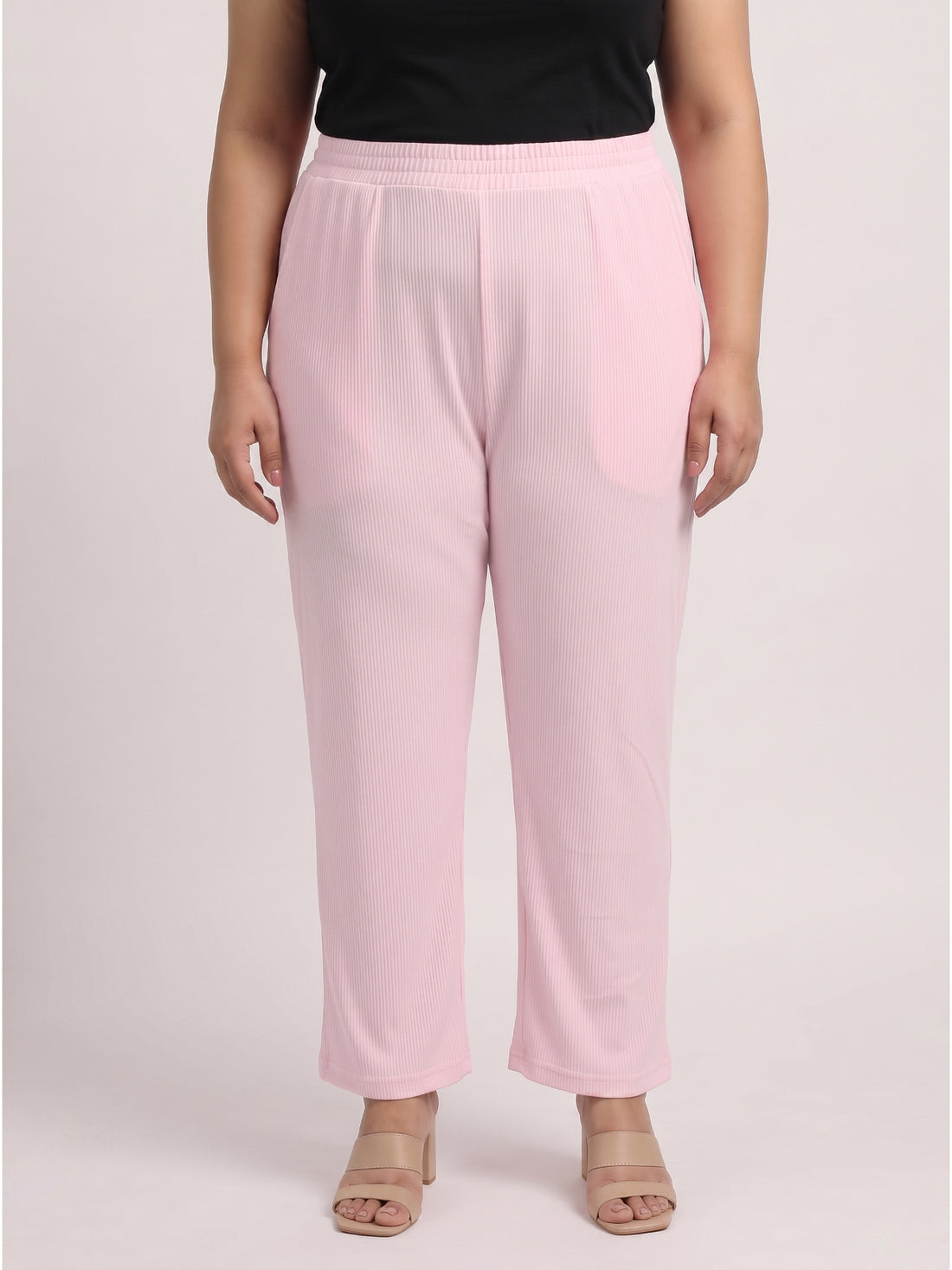 Plus Size Women's Solid Ribbed Stretch Palazzo with Elastic Waistband Nylon Elastane Fabric| Sizes 3XL-8XL