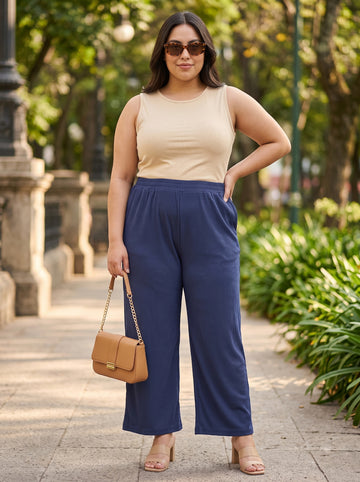 Plus Size Women's Solid Ribbed Stretch Palazzo with Elastic Waistband Nylon Elastane Fabric| Sizes 3XL-8XL