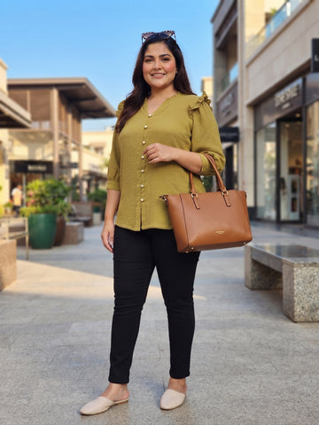 Plus Size Women's Pure Cotton Ruffle Shoulder Pearl Front Button V-Neck 3/4 Sleeve Top  Sizes 3XL-8XL