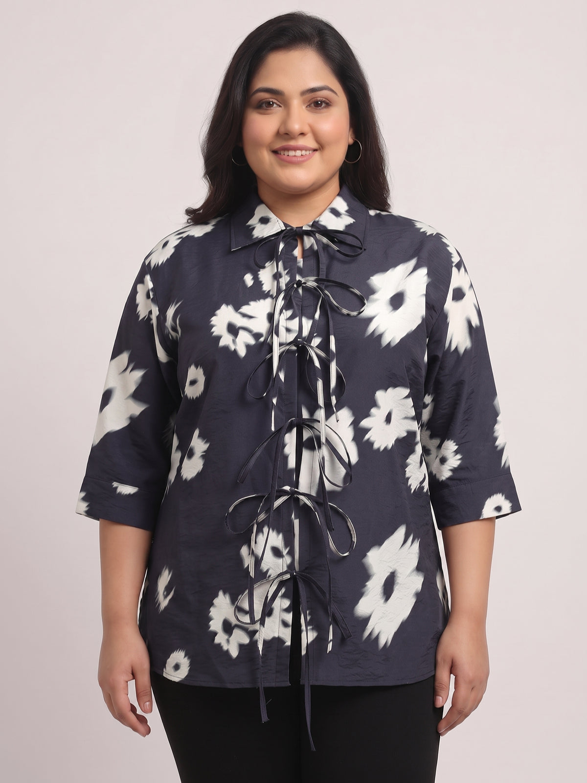 Plus Size Women's Front Tie-Up Collared 3/4th Sleeve Viscose Shirt | S