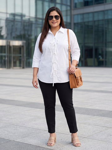 Plus Size Women's Front Tie-Up Collared 3/4th Sleeve Pure Cotton Shirt | Sizes 3XL to 8XL
