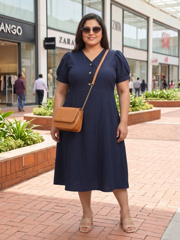 Plus Size Women's A-Line V-Neck Midi Dress | Soft Crepe Fabric | Regular Fit | Sizes 3XL to 8XL