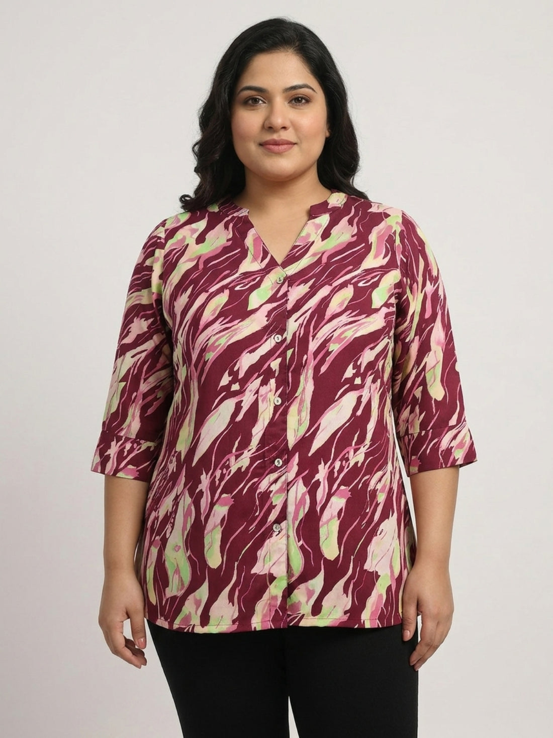 Plus Size Women's Printed V-Notch Neck Top with 3/4 Sleeves Soft Crepe Fabric |Sizes 3XL-8XL