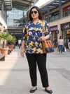 Plus Size Women's Printed V-Notch Neck Top with 3/4 Sleeves Soft Crepe Fabric |Sizes 3XL-8XL