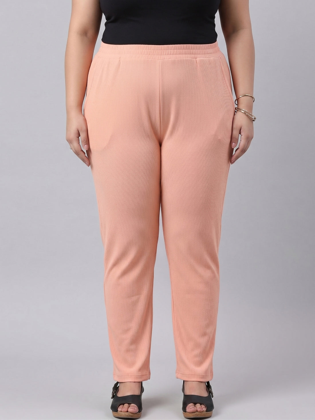 Plus Size Women's Solid Ribbed Stretch Palazzo with Elastic Waistband Nylon Elastane Fabric| Sizes 3XL-8XL