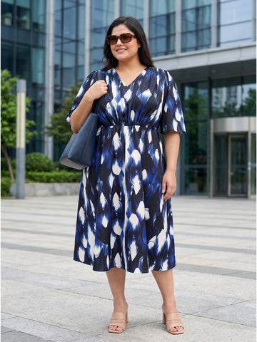 Plus Size Women's Printed A-Line Midi Flare Sleeves Dress & Soft Crepe Fabric | Sizes 3XL-8XL