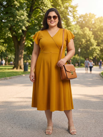 Plus Size Women V-Neck Viscose Lycra Midi Dress