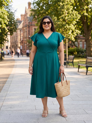 Plus Size Women V-Neck Viscose Lycra Midi Dress