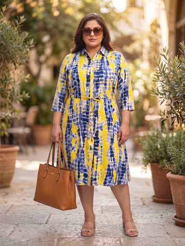 Plus Size Women Printed Midi Shirt Dress