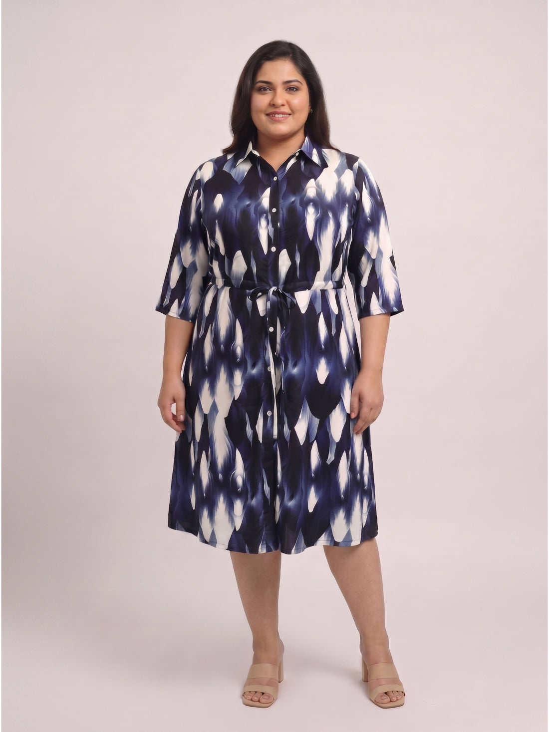Plus Size Women Printed Midi Shirt Dress
