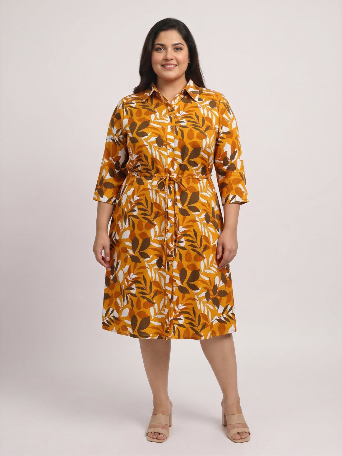 Plus Size Women Printed Midi Shirt Dress
