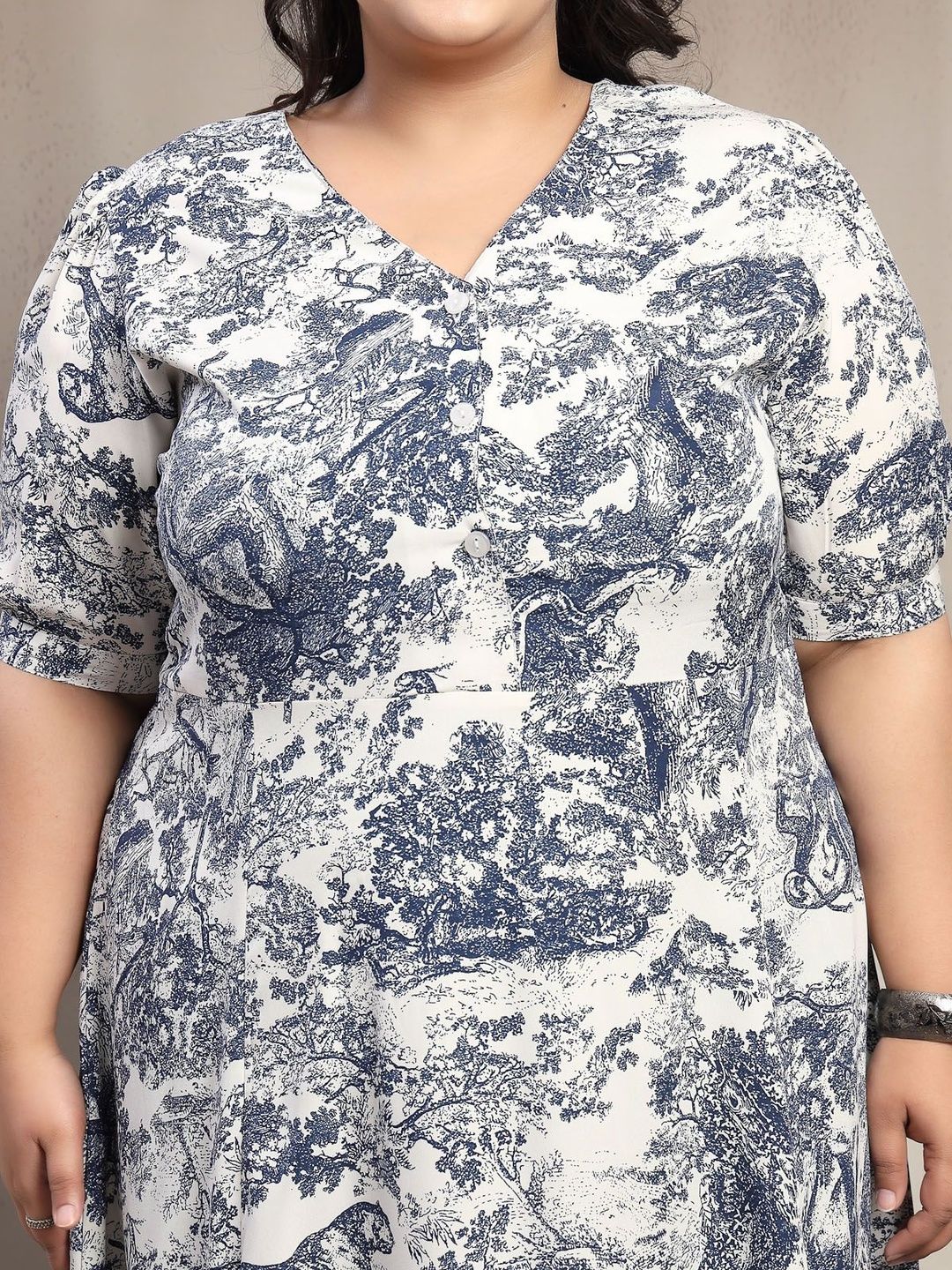 Plus Size Women Blue Floral Jungle Print Midi Dress