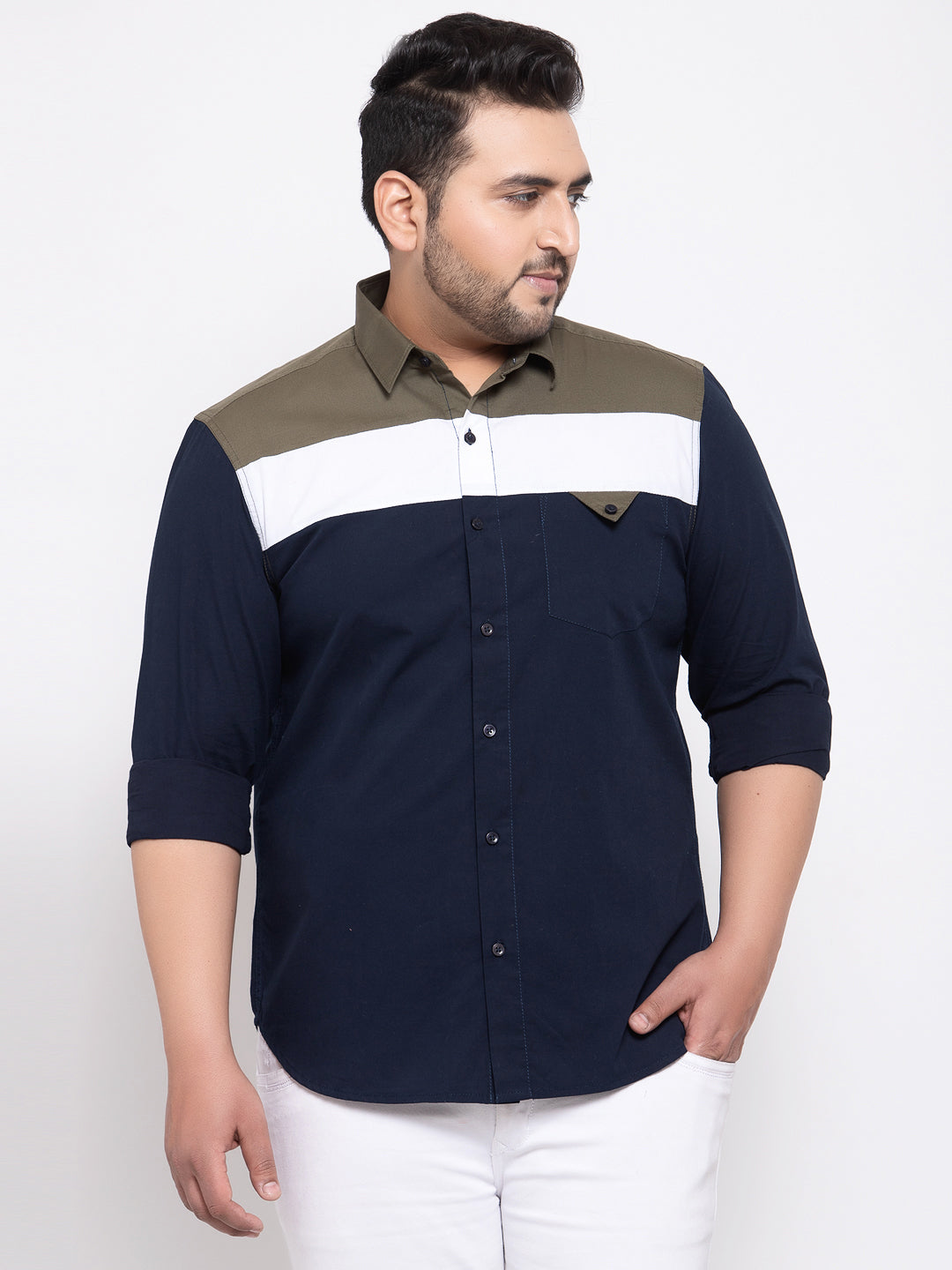 plusS Men Navy Blue  White Regular Fit Striped Casual Shirt