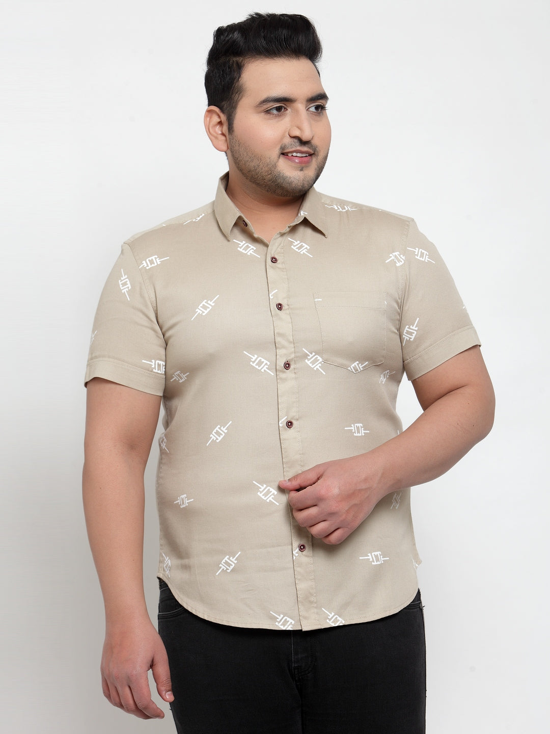 plusS Men Plus Size Beige Printed Casual Shirt