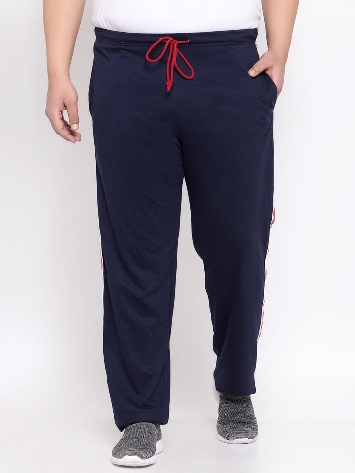 Men Navy Blue & Red Solid Straight-Fit Track Pants