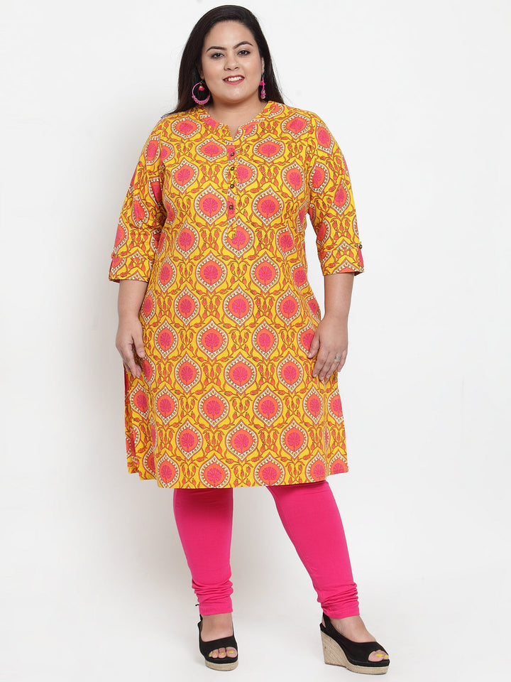 plusS Women Yellow  Pink Printed Straight Kurta