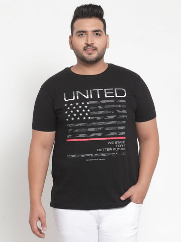 Men Plus Size Black Printed Cotton T-shirt