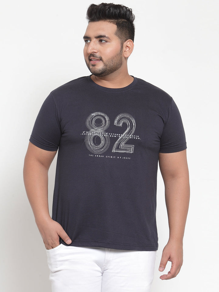 Men Navy Blue Printed Round Neck Pure Cotton T-shirt