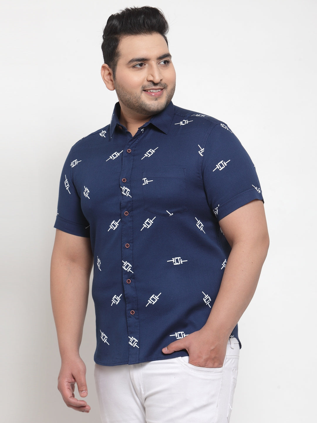 plusS Men Navy Blue Regular Fit Printed Casual Cotton Shirt