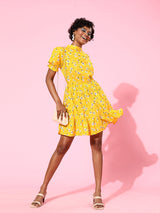plusS Women Bright Yellow Floral Sweetheart Neck Dress