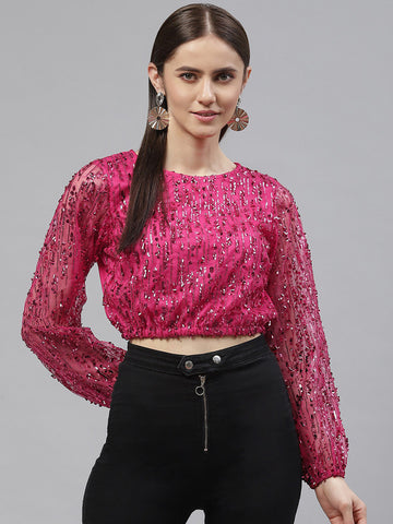 plusS Women Fuchsia Poly Georgette Sequinned Puff Sleeves Crop Top