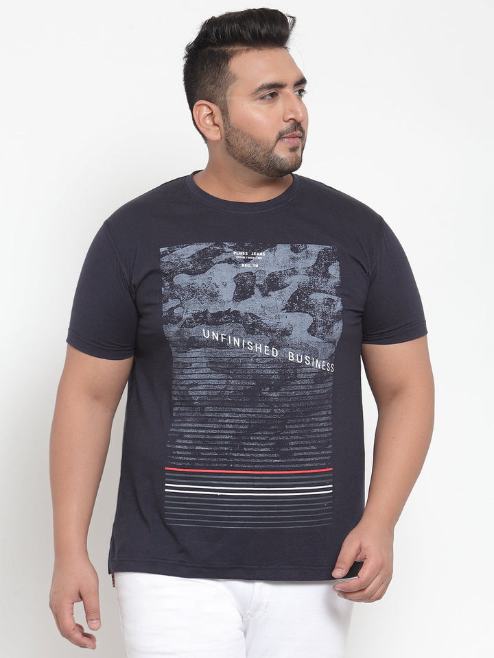 Men Navy Blue Printed Round Neck Pure Cotton T-shirt