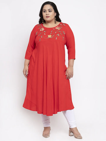 plusS Women Red Embroidered A-Line Kurta