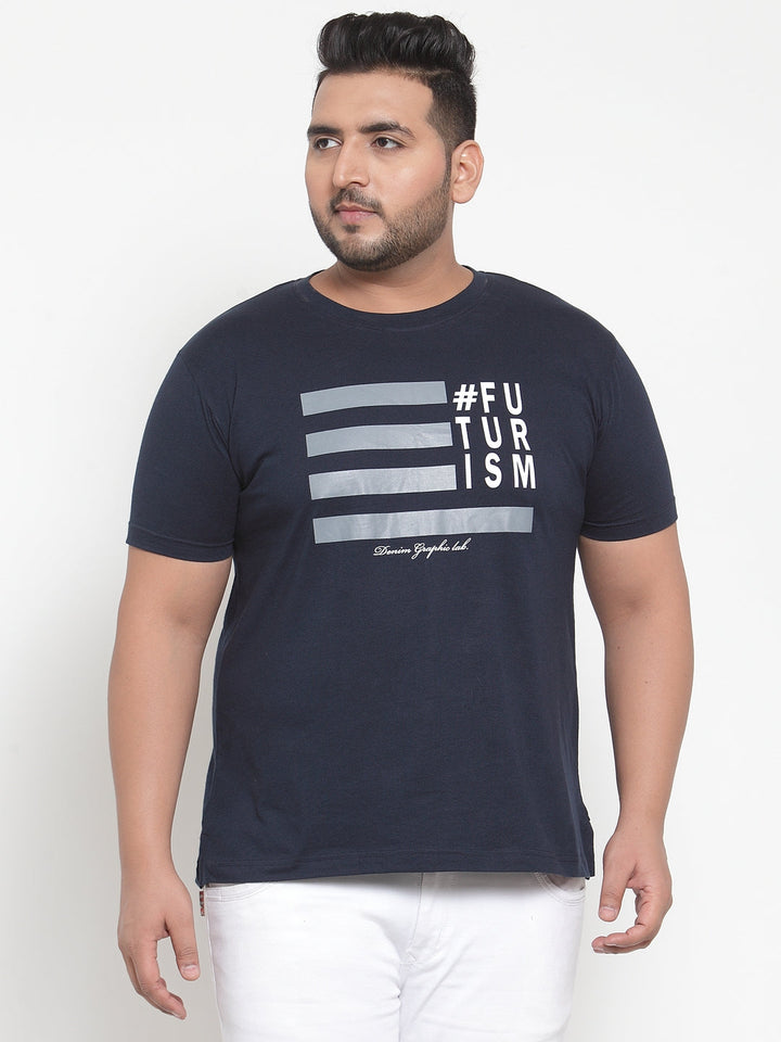 Men Navy Blue Printed Round Neck Pure Cotton T-shirt