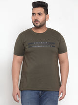Men Olive Green Printed Round Neck Pure Cotton T-shirt