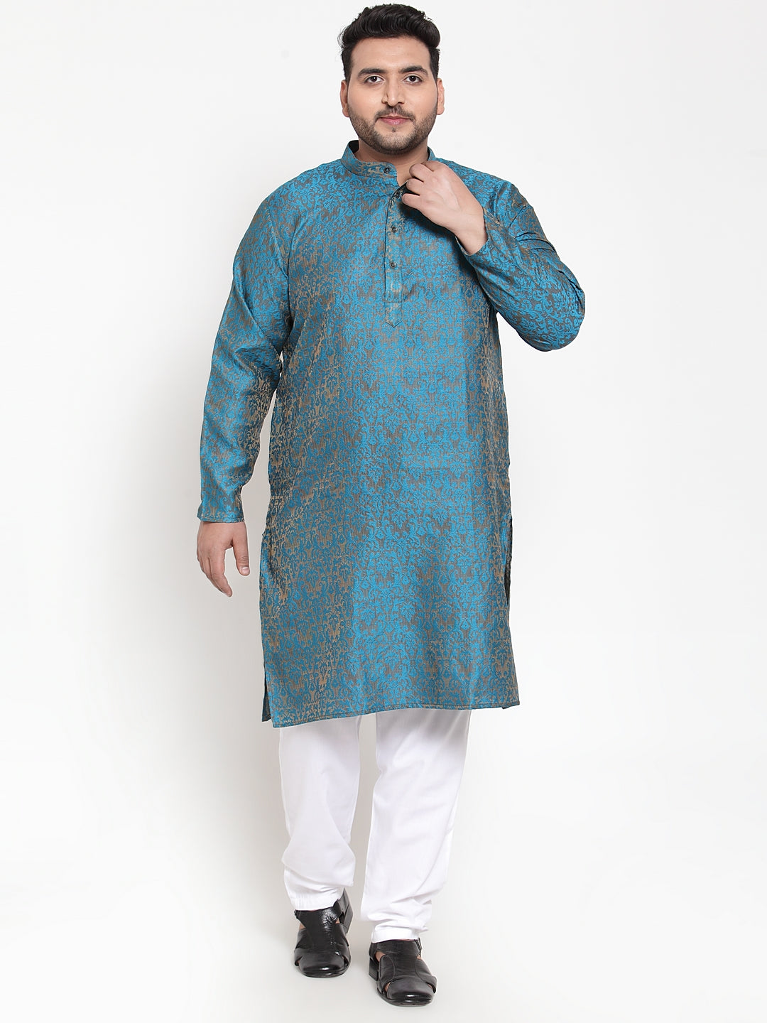 plusS Men Blue  White Self Design Kurta with Pyjamas