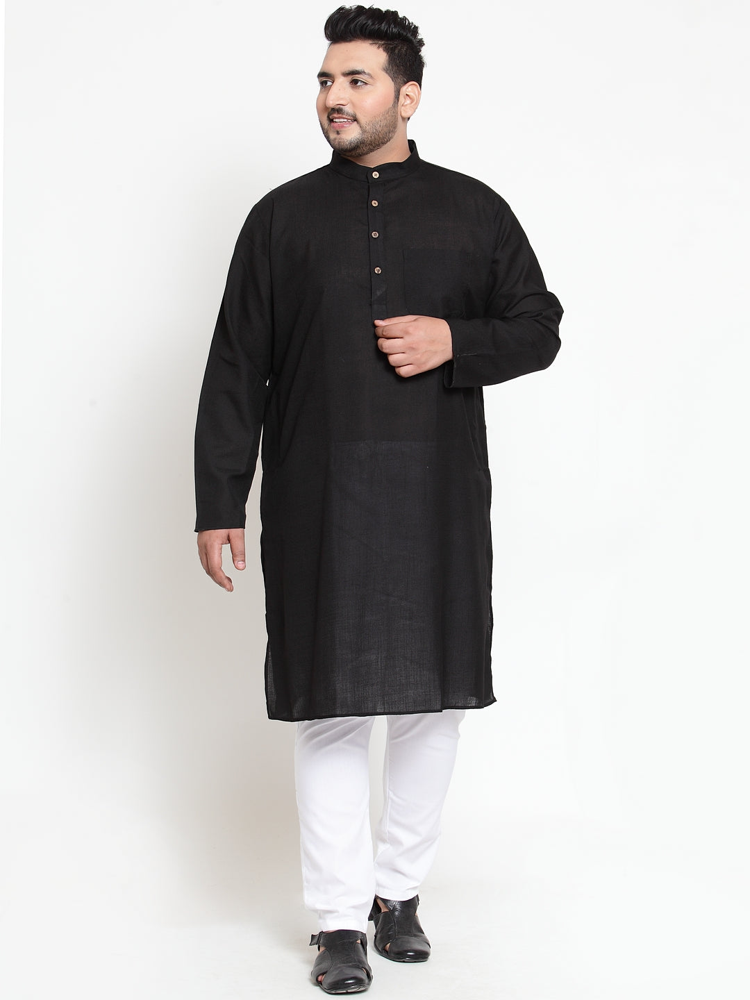 plusS Men Black  White Solid Kurta with Pyjamas