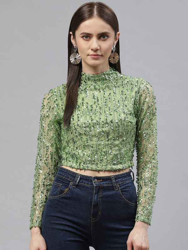 plusS Women Green Poly Georgette Sequined High Neck Crop Top